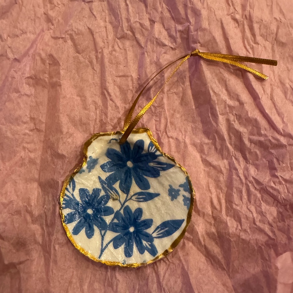 Handmade Blue Floral Shell Ornament with Gold Trim
